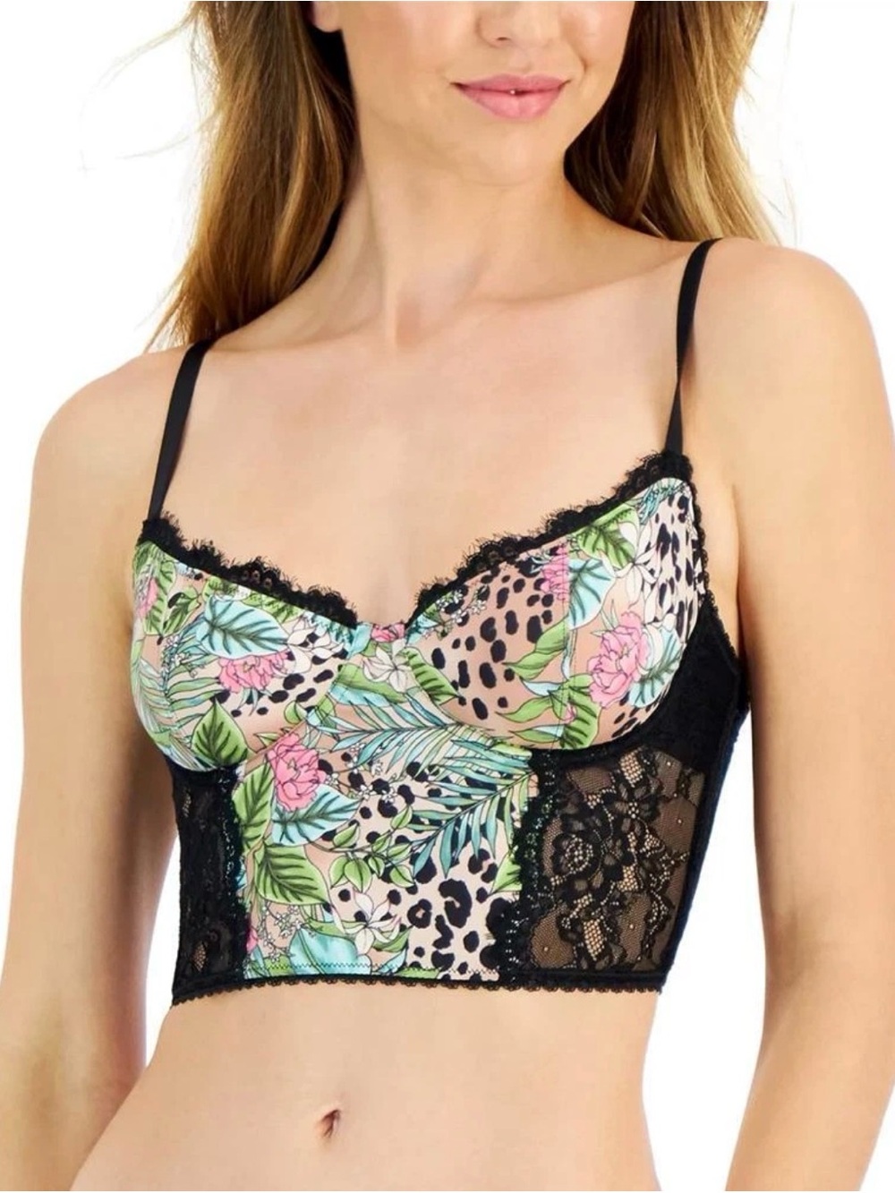 INC Women's Jungle Leopard Lace Bustier Underwired Lingerie Size L Floral NWT